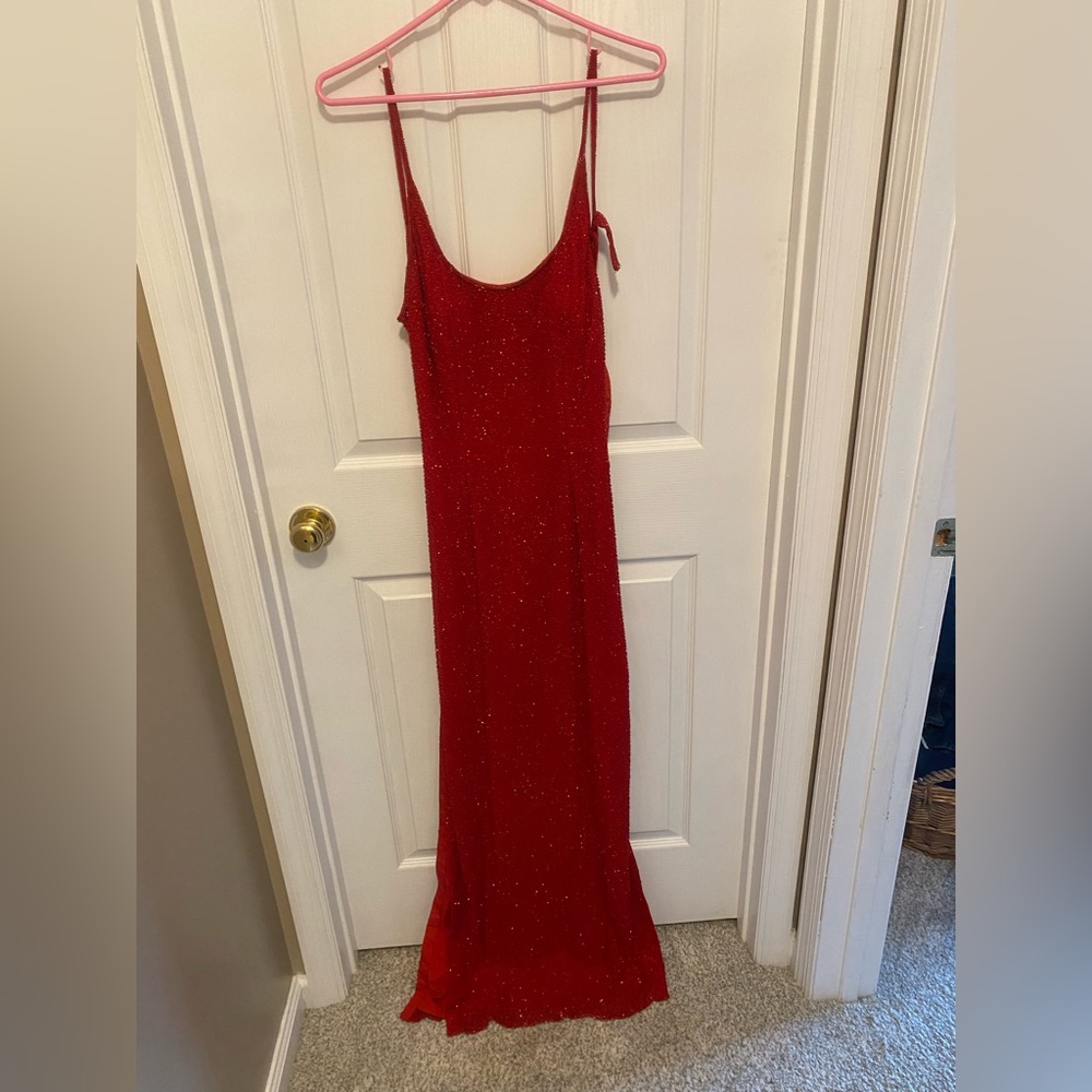 Red beaded prom dress